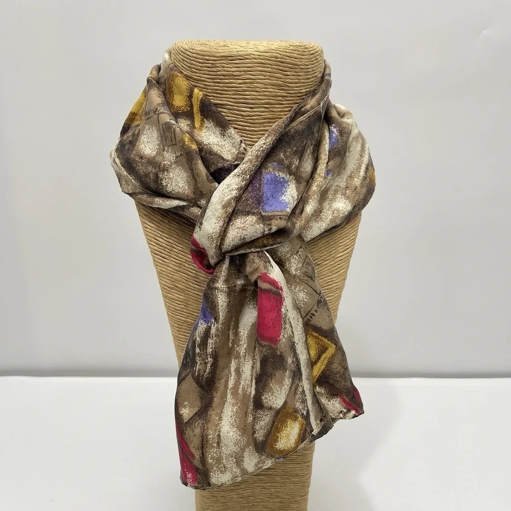 Vintage 80s Oblong Scarf 100% Silk Geometric‎ Pattern Brown Pink Purple Korea